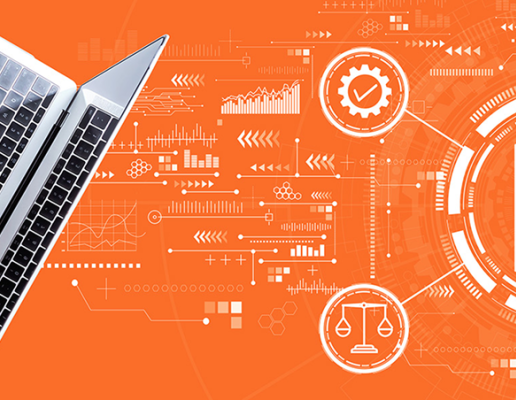 Hands typing on a laptop with a digital document icon overlay on an orange background.
